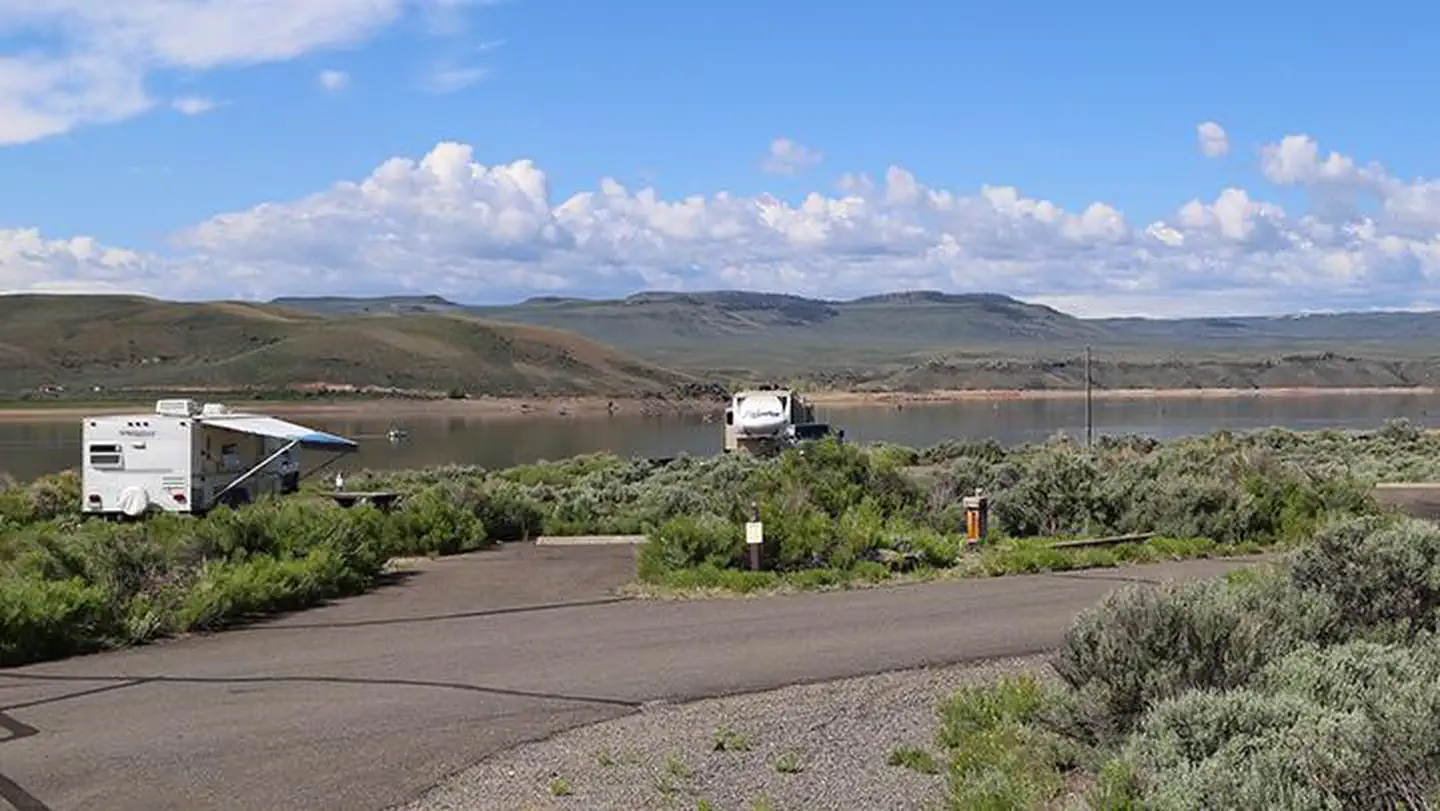 Stevens Creek Campground — RV's at Stevens Creek Campground with a view of Blue Mesa Reservoir in the background