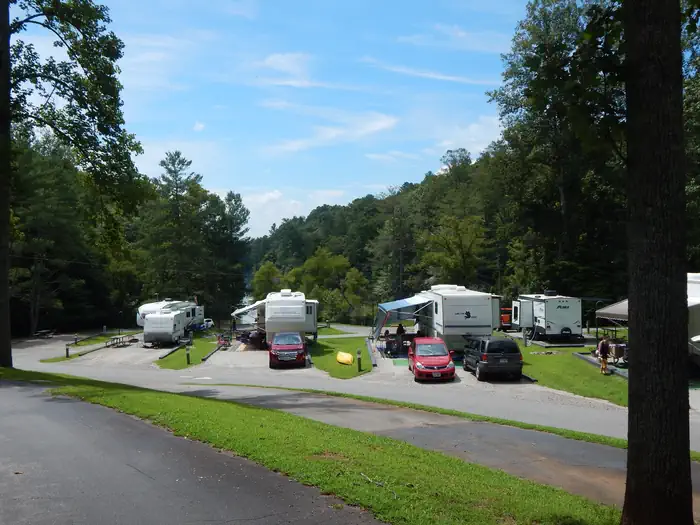 Salthouse Branch Campground — Trailers and RVs set-up in their sites at Salthouse Branch Campground