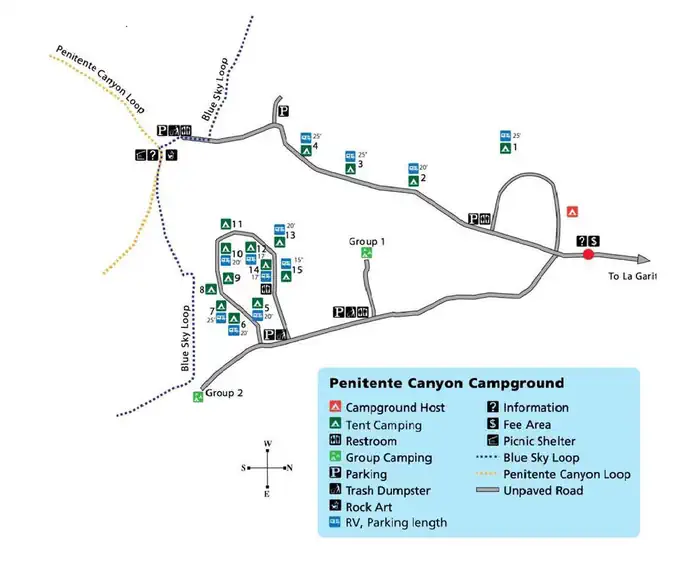 Penitente Canyon Campground — Penitente Campground Map w/ RV Spur Lengths