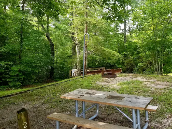 Bear Creek Horse Camp — Horse corrals sit near green canopy of forest behind the gravel tent pad of a campsite.