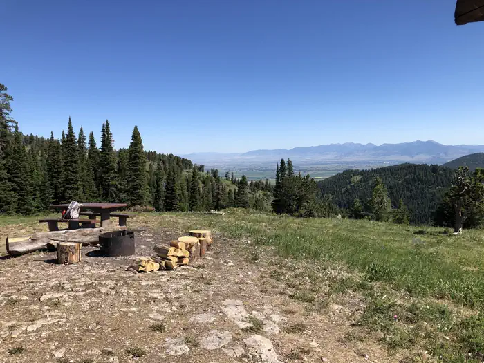 Little Bear Cabin — Fire ring and picnic table with views of the Bridger Mountain Range to the North