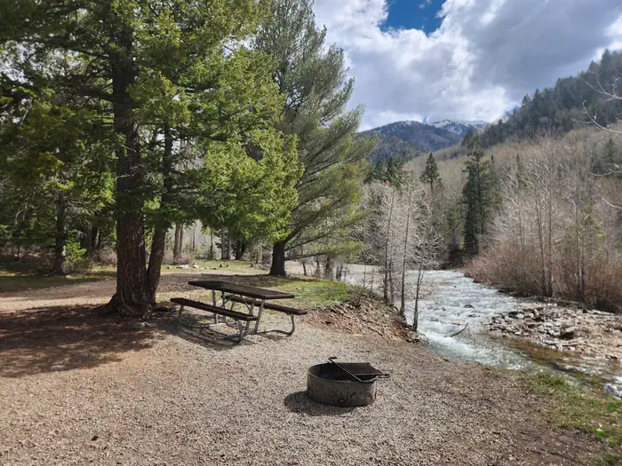 Snowslide Campground — Campsite 3 with picnic table and fire ring located along LaPlata River
