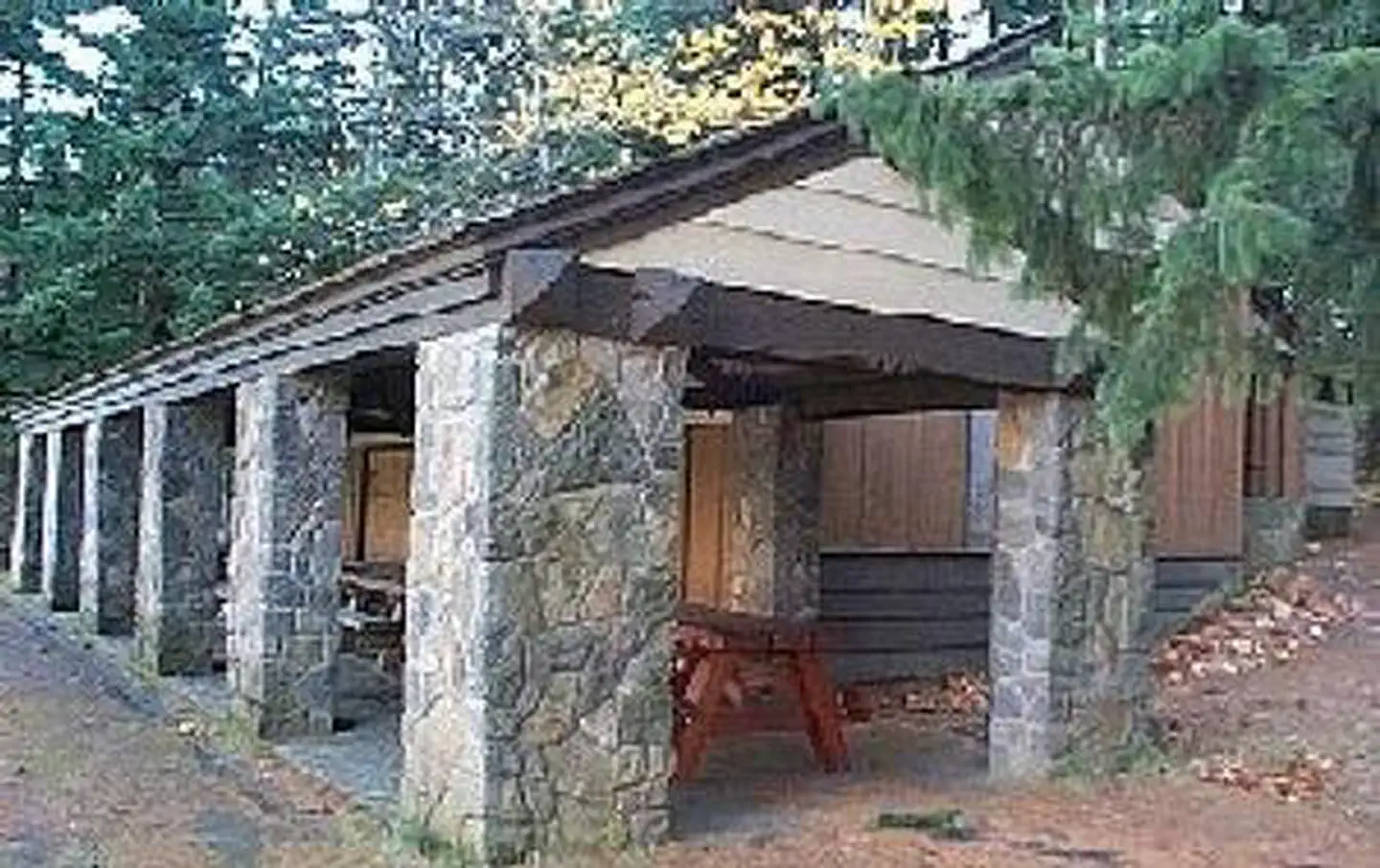 Eagle Creek Overlook Group Campground — Picnic shelter with stone pillars.