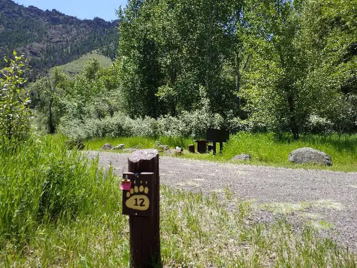 Big Game Campground — Campsite sign #12, gravel road, mountains and trees.