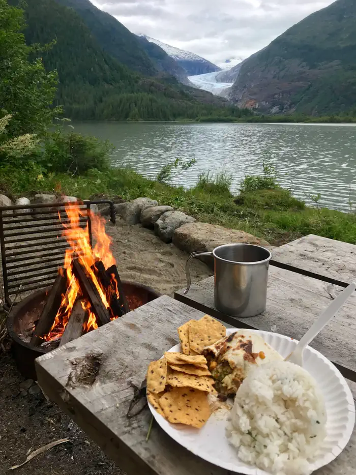Eagle Glacier Cabin β Food and fire at picnic table