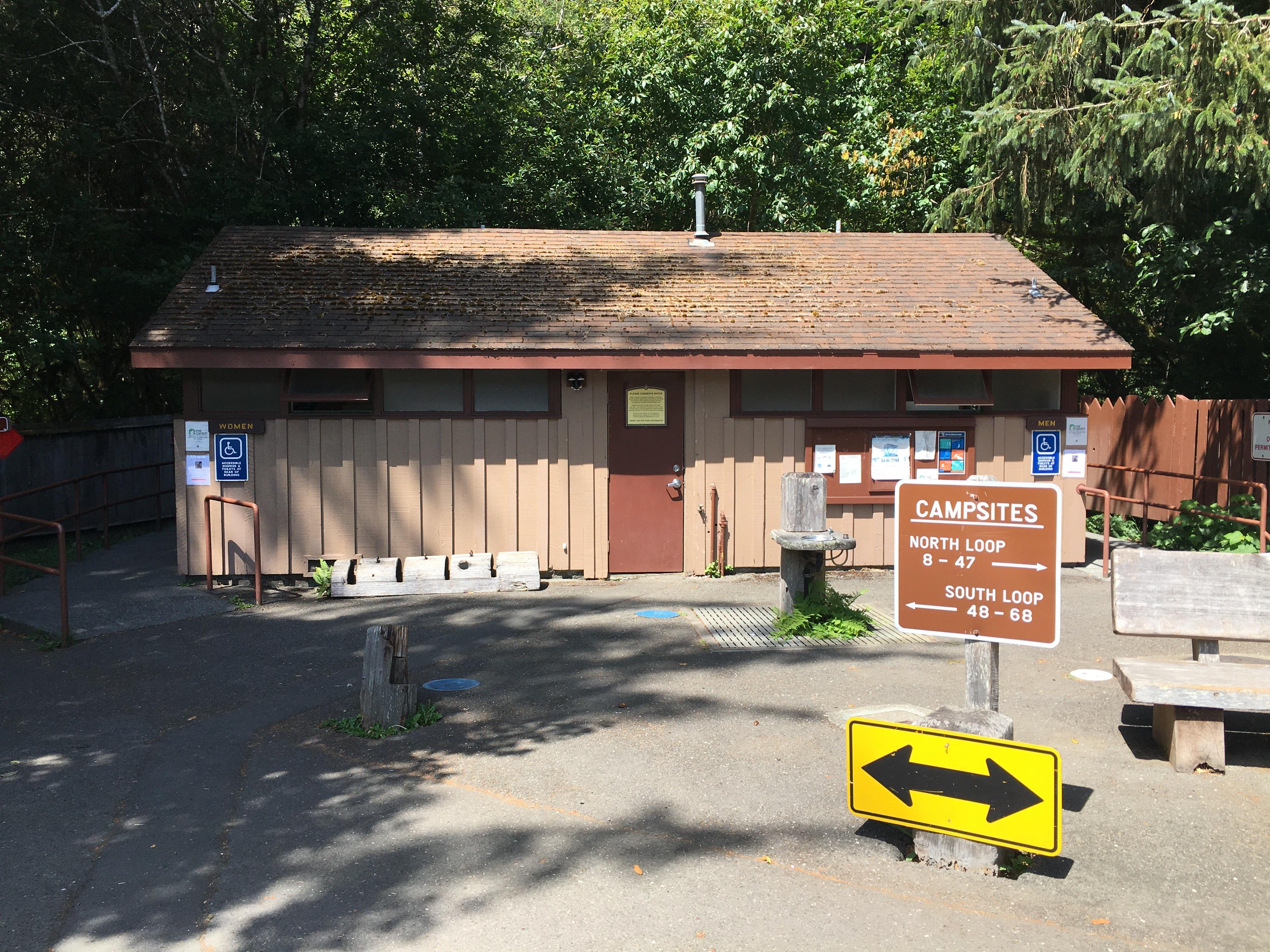 Elk Prairie Campground, Prairie Creek Redwoods  — Restrooms at Elk Prairie Campground