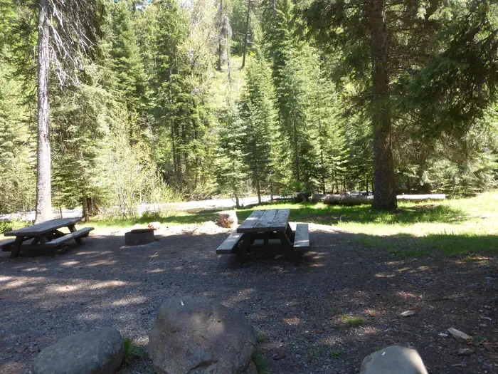 North Fork Catherine Creek Campground — View from the parking area through the central site, with North Fork Catherine Creek in the background.