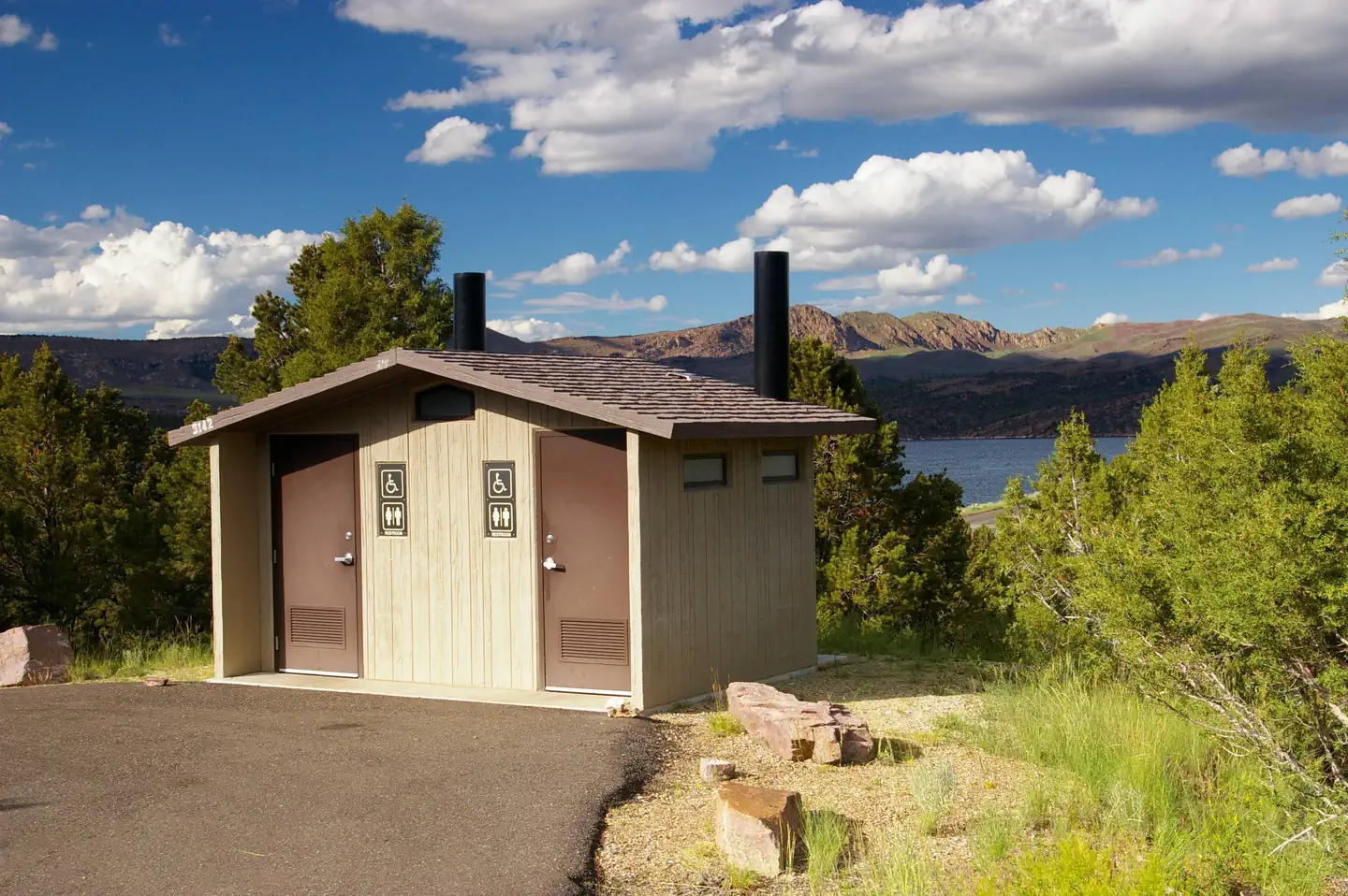 Cedar Springs Campground — Restroom facilities at Cedar Springs Campground. The lake can be seen in the background.