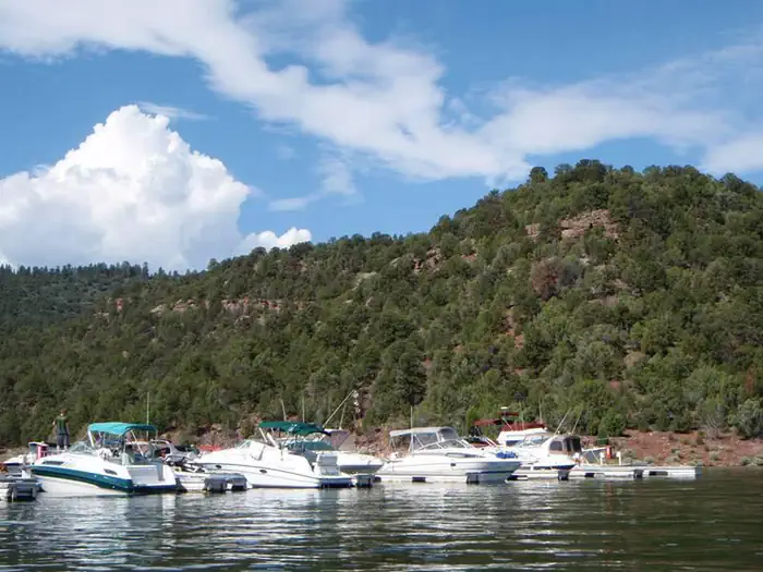 Cedar Springs Campground — Boats in dock slips in a marina with a mountain of red rock and trees in the background.