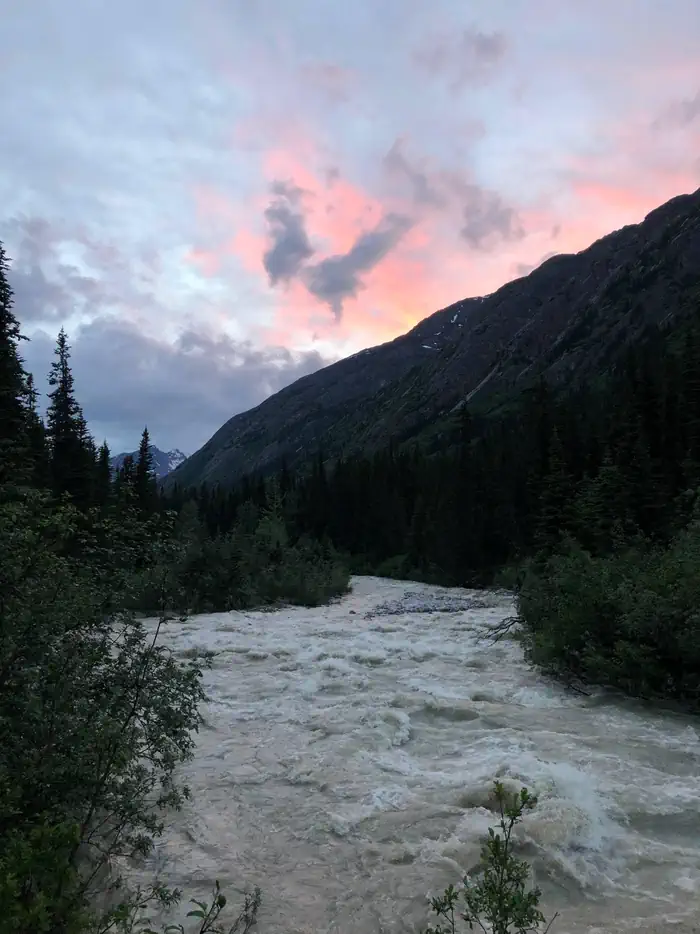 Laughton Glacier Cabin β view of river from front of cabin