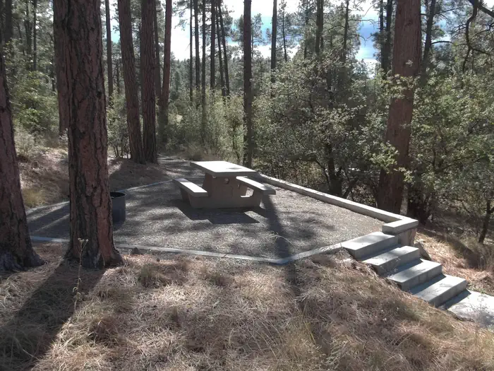 White Spar Campground — White Spar Campsite with table and fire ring on raised rock walled platform
