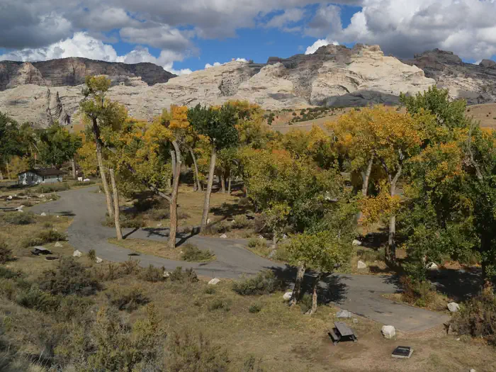 Green River Campground — Looking down on Green River Campground from Cub Creek Road overlook. Cottonwood trees are starting to turn yellow.