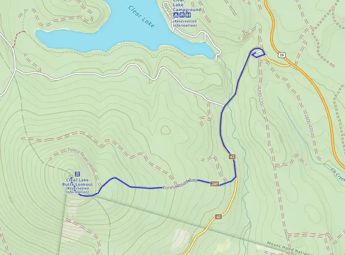 Clear Lake Cabin Lookout — Map showing route from Skyline Sno-Park to Clear Lake Lookout.