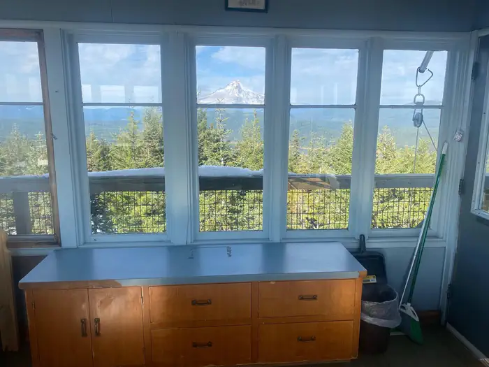 Clear Lake Cabin Lookout — View of Mt. Hood from inside Clear Lake lookout.