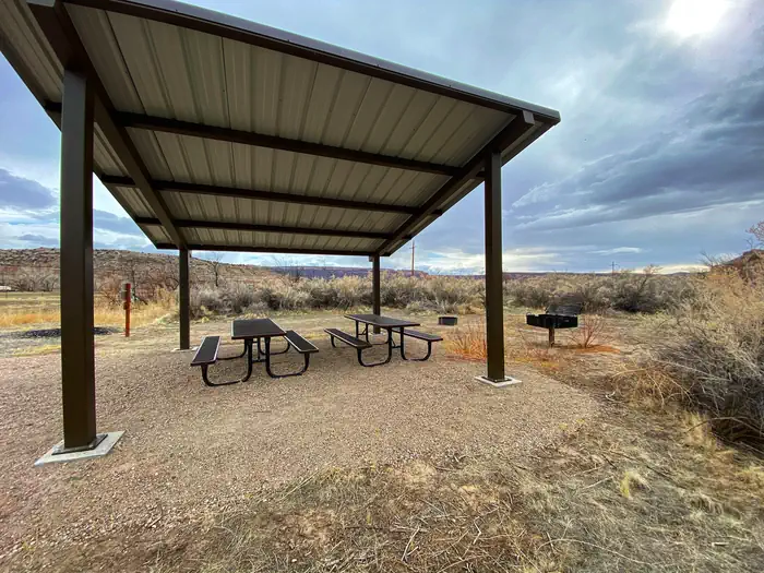 Westwater Group Site (ranger Station) — Westwater Group Site shade shelter and picnic tables.