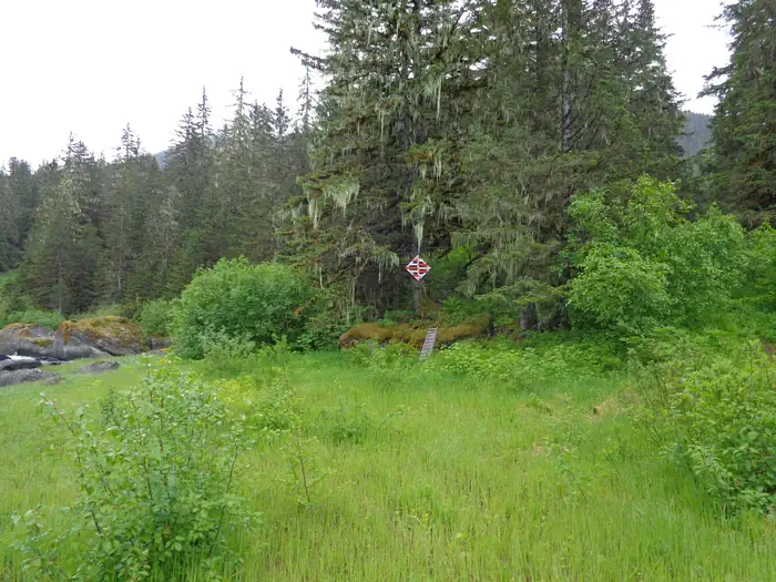 Turner Lake West Cabin — view of trail head marker at ocean (about 3/4 mile from cabin)