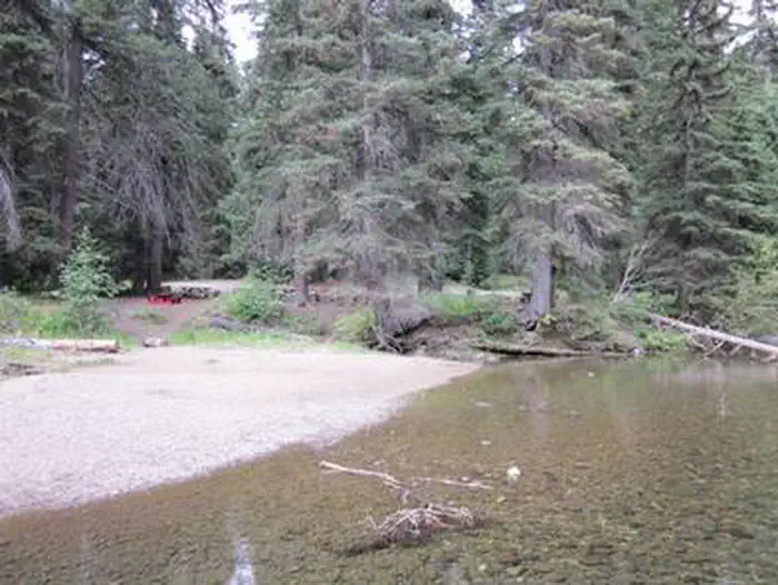 Salmon Cove Group Site — Flat beach next to clear creek in conifer forest.