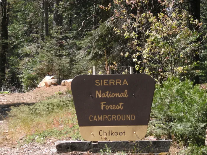 Chilkoot Campground — A brown and yellow Forest Sign for Chilkoot Campground on the Sierra National Forest