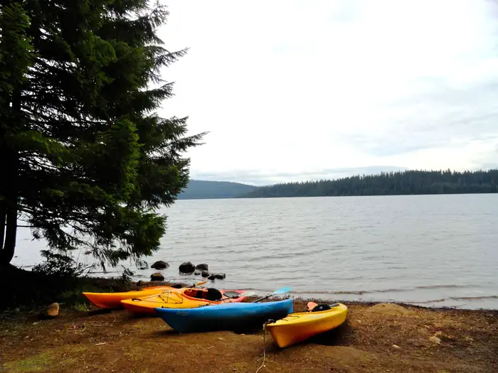 The Cove (Timothy Lake) Day-Use — Kayaks on the shore at Gone Creek