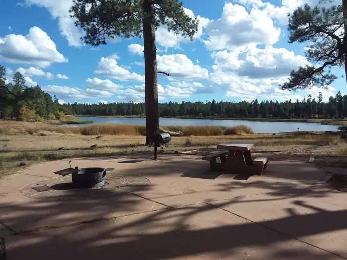 White Horse Lake Campground — Paved campground with view of the lake and a stand up grill with picnic table and fire ring