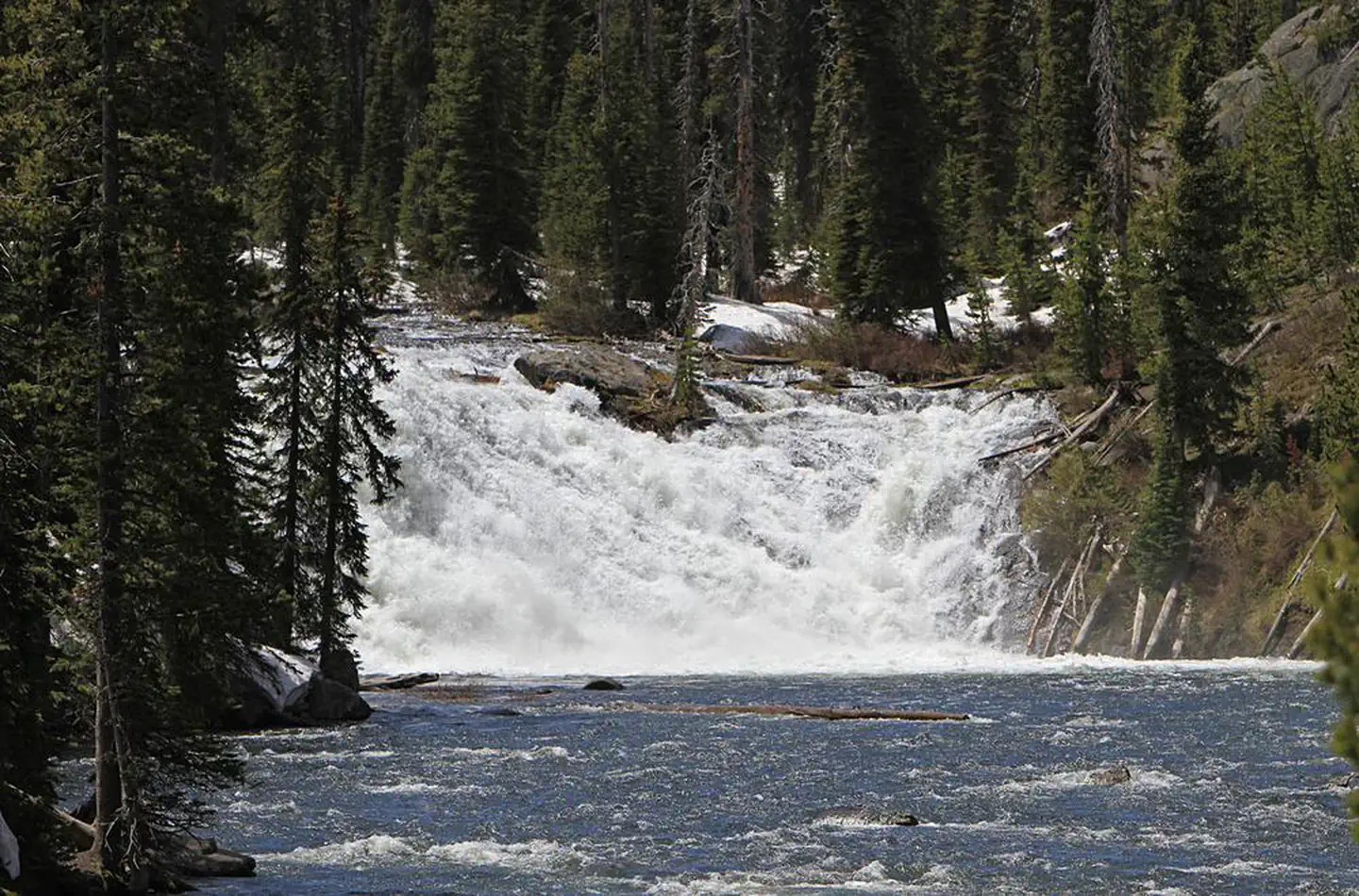 Lewis Lake Campground — Lewis Falls pours between the banks of the Lewis River is not far from the campground