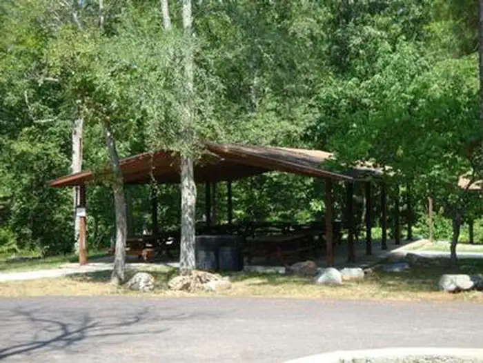 Sutton Bluff Recreation Area — Group Shelter showing picnic tables and grills