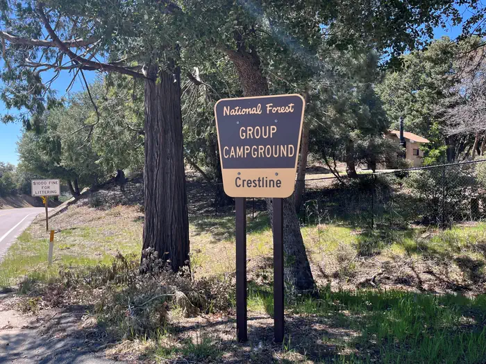 Crestline Group Campground β Site entrance sign, National Forest Group Campground Crestline.