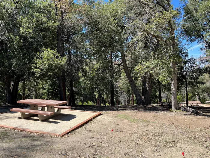Crestline Group Campground β Picnic tables on a slope.
