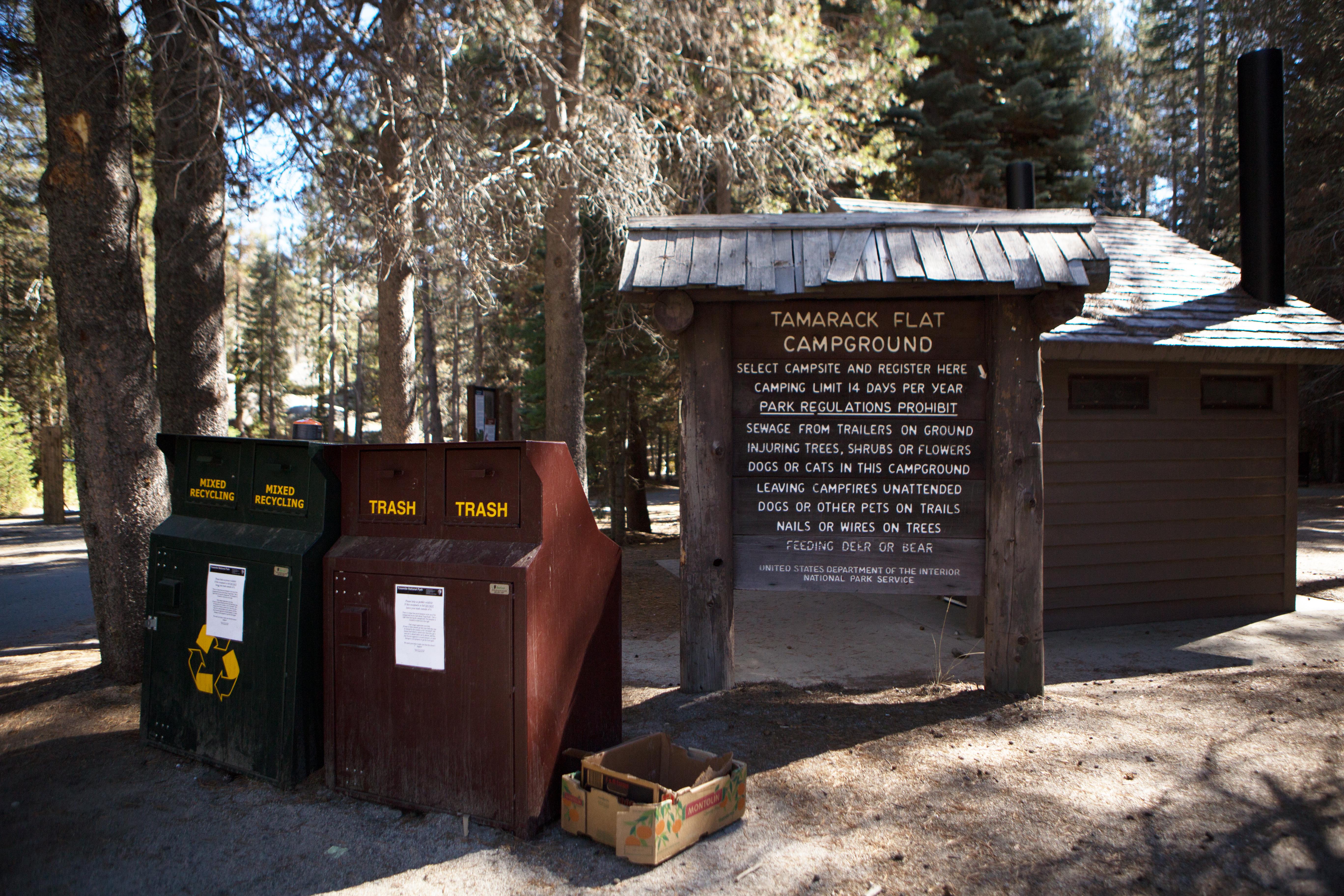 Tamarack Flat Campground — Tamarack Flat Campground Entry Sign and Garbage/Recycling Receptacles