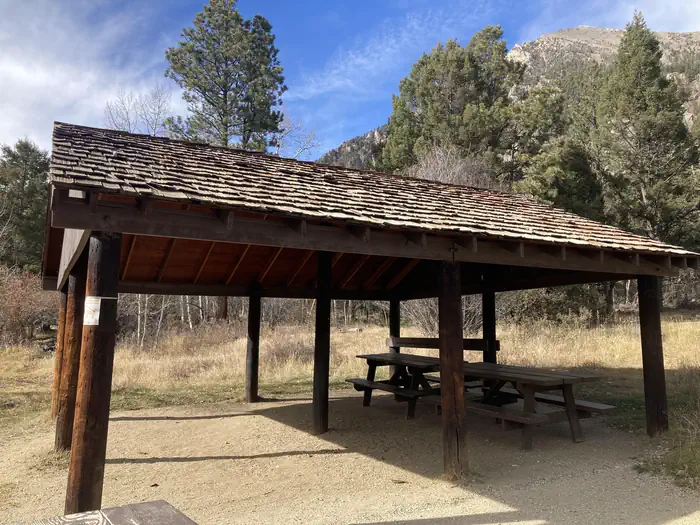 Angel Of Shavano Group — Wooden pavilion with picnic tables
