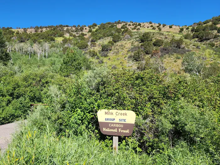Mink Creek Group Site Campground — Mink Creek sign and view