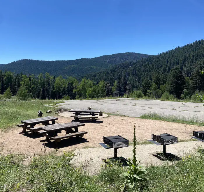 Jacks Creek Group Area — Site B with picnic table, campfire ring, and parking.