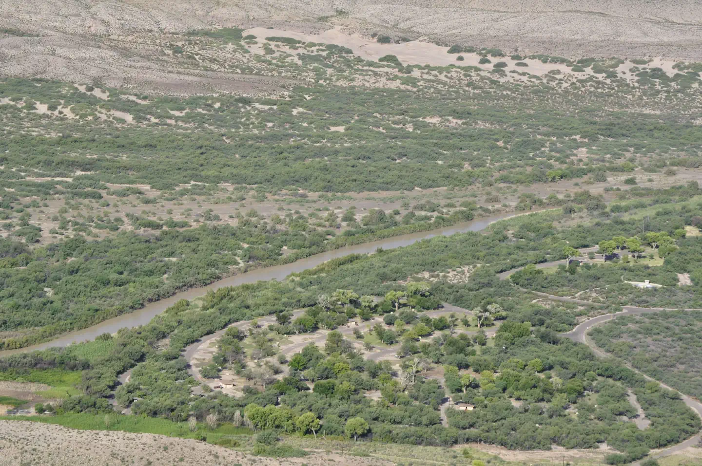 Rio Grande Village Group Campground — Aerial view of Rio Grande Village Campground, with Rio Grande visible just to the south