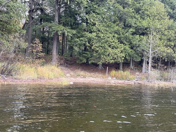 Sylvania Wilderness Backcountry Camping — The shore of a lake with trees and a campsite marker post in the distance.
