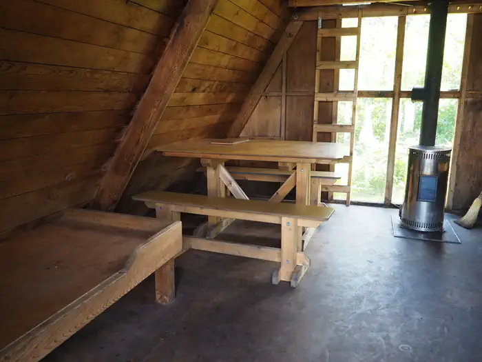 Shakes Slough 2 Cabin — Shakes Slough 2 interior showing wood bunk, table stove and vertical ladder to loft