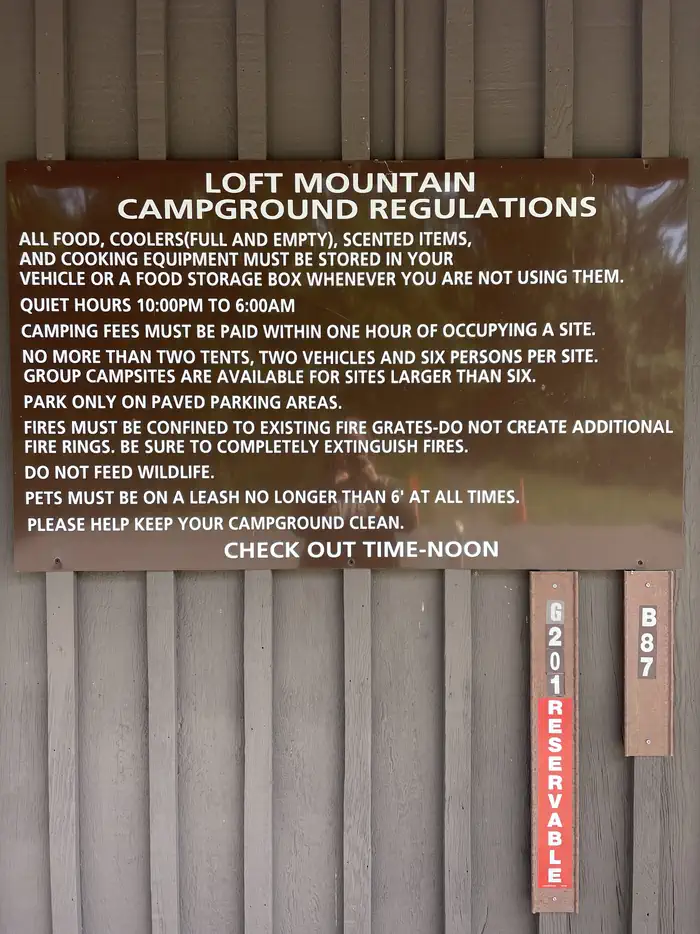 Loft Mountain Campground — A photo of campground regulations at the facility of Loft Mountain Campground