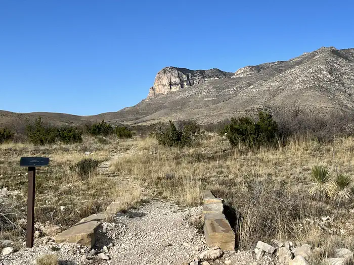 Frijole Horse Campground — Foothills trail leading away form the Frijole Horse Corral Campground. El Capitan mountain is visible in the background.