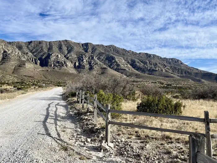 Frijole Horse Campground — Gravel road leading into the Frijole Ranch area. Views of the Guadalupe Mountains in the background.