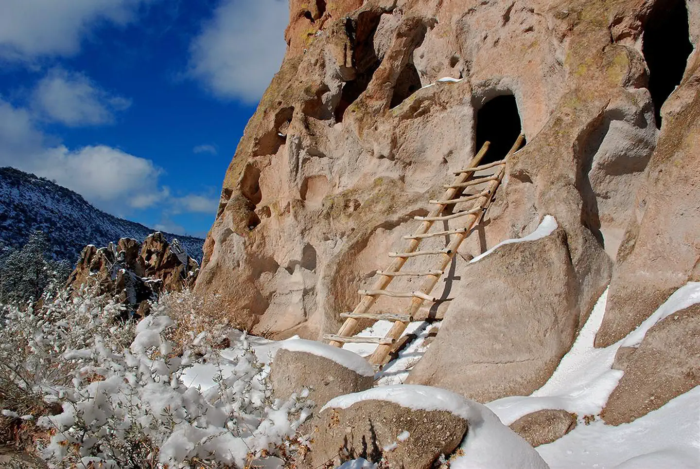 Juniper Family Campground — Wooden ladder leading up to a cave