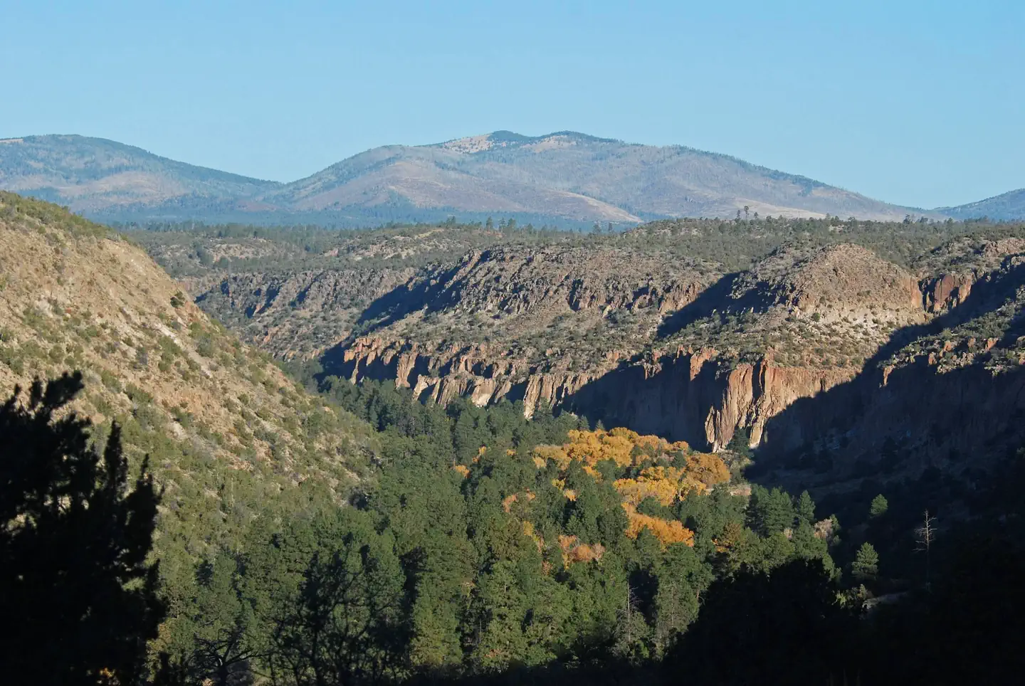 Juniper Family Campground — A canyon with trees changing color and mountains in the distance.