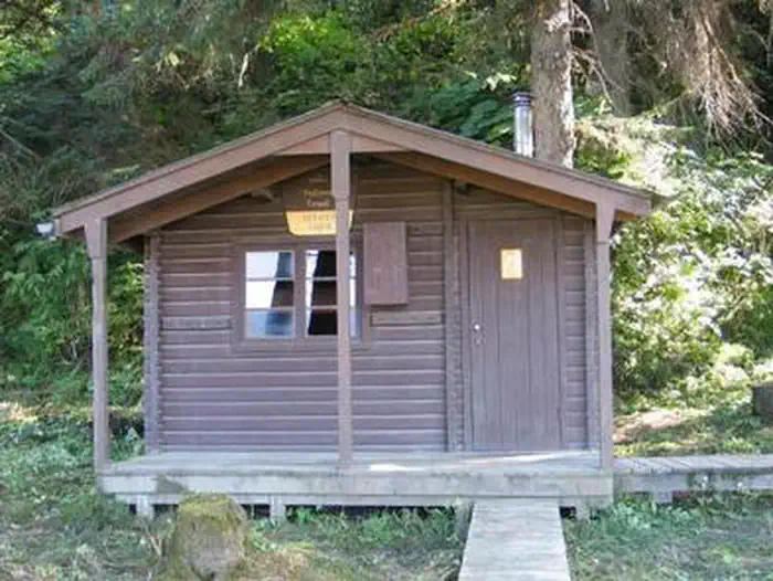 Sergief Island Cabin — Sergief Island Cabin exterior brown wood cabin with greenery surrounding it