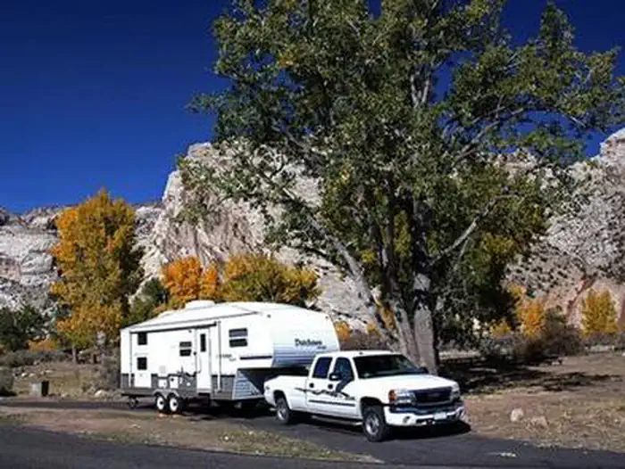 Split Mountain Group Campground — Large RV in Split Mountain Campground.