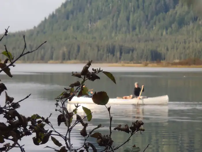 Situk Lake Cabin β View from the cabin looking at 2 people in the lake with their dog