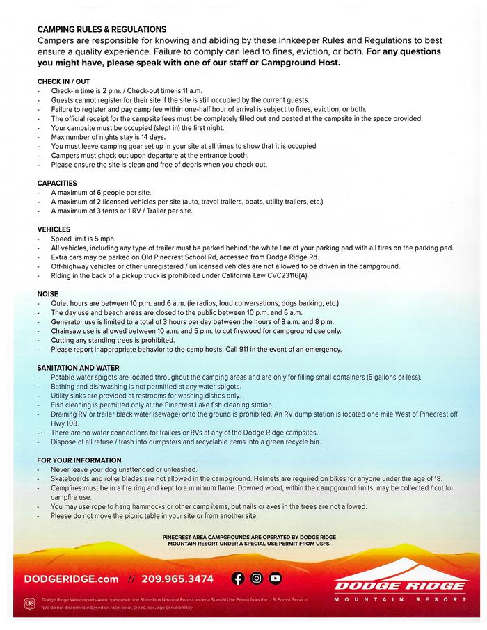 Pinecrest Campground — Campground Rules