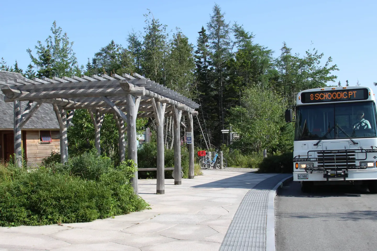 Schoodic Woods Campground — Shuttle bus waiting at a bus stop.