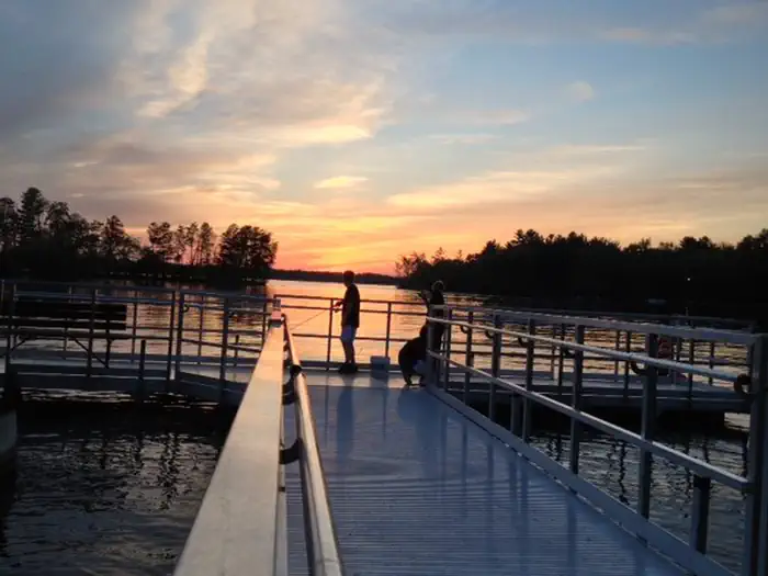Crosslake Campground — Sunset at fishing dock by shelter #1