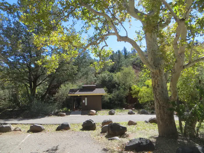 Chavez Crossing — Chavez Crossing Group Campground restroom building.