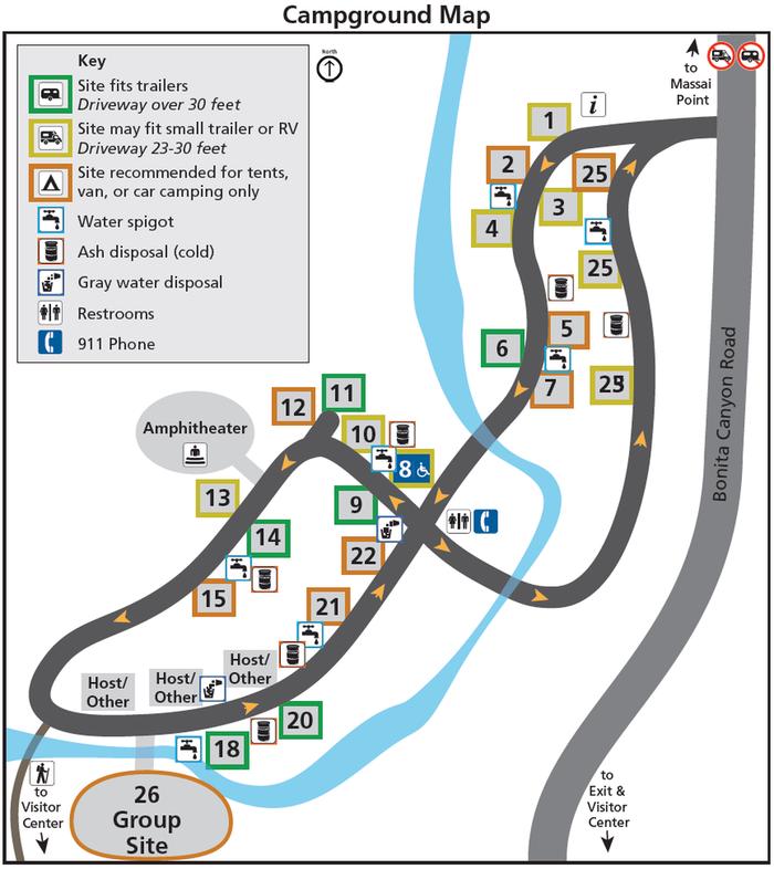 Bonita Canyon Campground — campground map shows sites color-coded by size