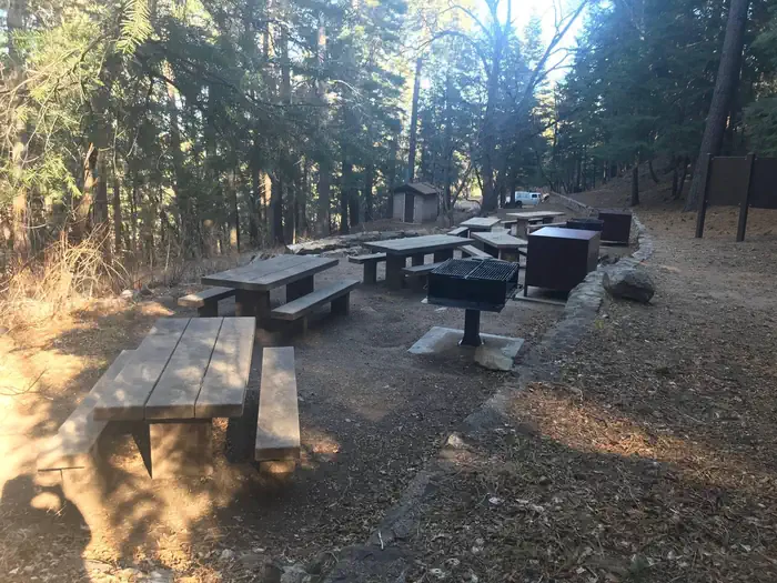 Arcadia Campground — A view of the picnic tables, bear boxes, and other facilities.