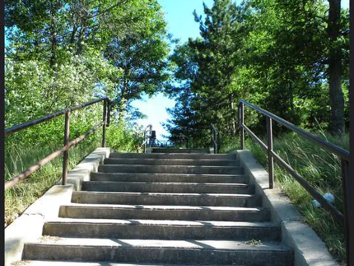 Kneff Lake Campground — Looking up a flight of stairs from the Kneff Lake Day Use Area.
